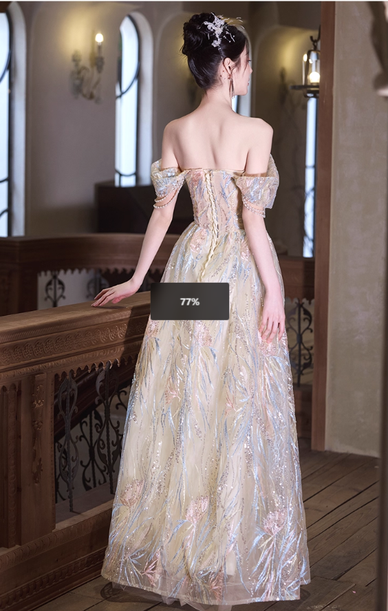 Glamorous Champagne Tulle Iridescent Sequin Embroidery Off-Shoulder Prom Dress DP7525