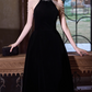 Retro Elegant Black Velvet Midi Dress Pearl Halter Neck Prom Dress DP7526