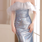Chic Iridescent Blue Sequin Mermaid Off-Shoulder Ruffled Tulle Prom Dress DP7527