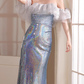 Chic Iridescent Blue Sequin Mermaid Off-Shoulder Ruffled Tulle Prom Dress DP7527
