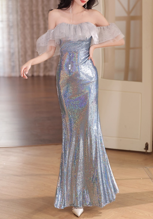 Chic Iridescent Blue Sequin Mermaid Off-Shoulder Ruffled Tulle Prom Dress DP7527