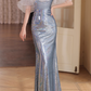 Chic Iridescent Blue Sequin Mermaid Off-Shoulder Ruffled Tulle Prom Dress DP7527