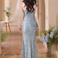 Chic Sparkle Light Blue Maxi Mermaid Spaghetti Strap Prom Dress DP7529