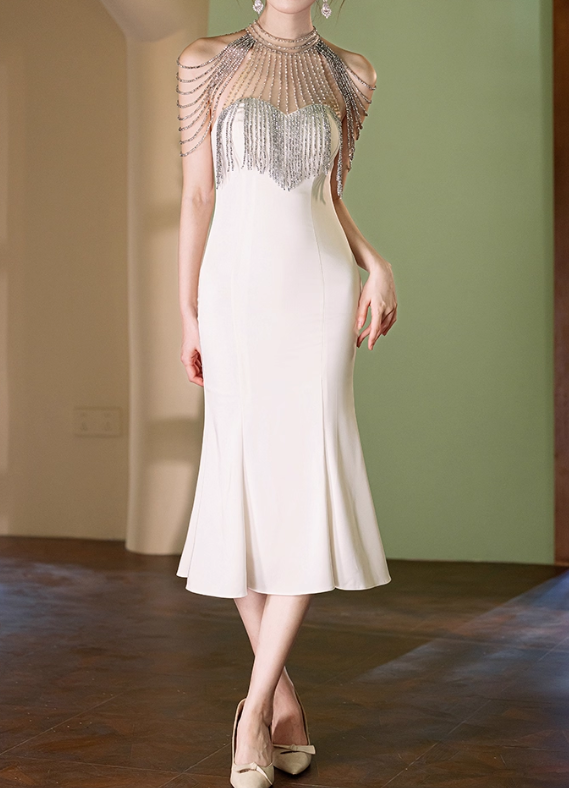 Robe de bal élégante ivoire sirène mi-longue à franges et perles DP7531