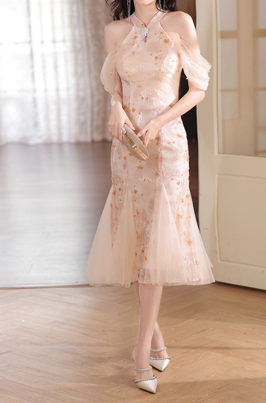 Elegant Champagne Sequin Midi Gown Off-Shoulder Prom Dress DP7532