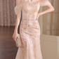 Elegant Champagne Sequin Midi Gown Off-Shoulder Prom Dress DP7532