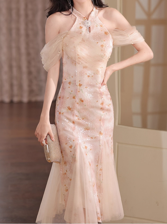 Elegant Champagne Sequin Midi Gown Off-Shoulder Prom Dress DP7532