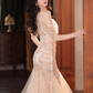 Elegant Champagne Sequin Midi Gown Off-Shoulder Prom Dress DP7532