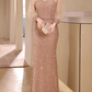 Elegant Rose Gold Sequin Sheer High-Neck Long Sleeves Prom Dress DP7533