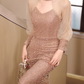 Elegant Rose Gold Sequin Sheer High-Neck Long Sleeves Prom Dress DP7533