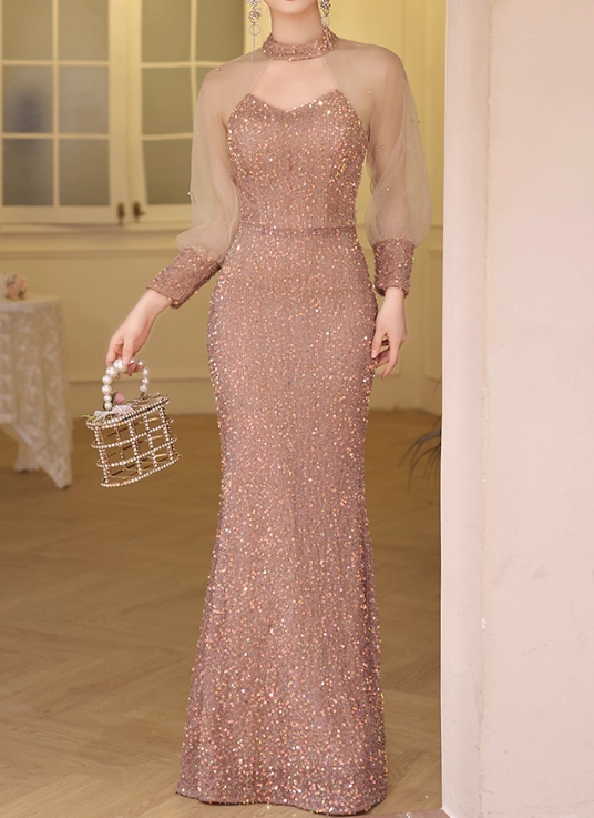 Elegant Rose Gold Sequin Sheer High-Neck Long Sleeves Prom Dress DP7533