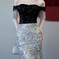 Elegant Black Off-Shoulder Silver Sequin Tassel Maxi Sparkly Evening Gown Prom Dress DP7534