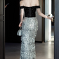 Elegant Black Off-Shoulder Silver Sequin Tassel Maxi Sparkly Evening Gown Prom Dress DP7534