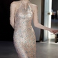 Elegant Champagne Halter Neck Sequin Tassel Shoulders Sparkly Mermaid Evening Gown Prom Dress DP7535