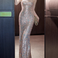 Elegant Champagne Halter Neck Sequin Tassel Shoulders Sparkly Mermaid Evening Gown Prom Dress DP7535