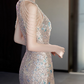Elegant Champagne Halter Neck Sequin Tassel Shoulders Sparkly Mermaid Evening Gown Prom Dress DP7535