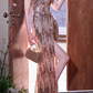 Glamorous Rose Gold Sequin V-Neck Evening Gown High Slit Tassel Sleeves Sparkly Prom Dress DP7536
