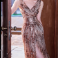 Glamorous Rose Gold Sequin V-Neck Evening Gown High Slit Tassel Sleeves Sparkly Prom Dress DP7536