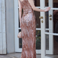 Glamorous Rose Gold Sequin V-Neck Evening Gown High Slit Tassel Sleeves Sparkly Prom Dress DP7536