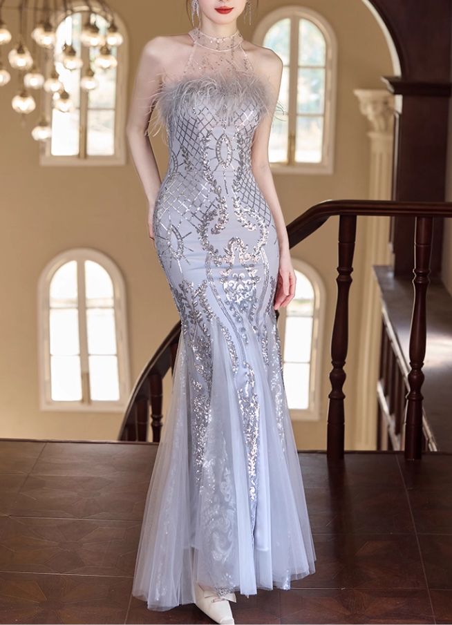 Glamorous Halter Neck Silver Sequin Mermaid Feather Accent Sparkly Tulle Prom Dress DP7537
