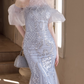 Glamorous Halter Neck Silver Sequin Mermaid Feather Accent Sparkly Tulle Prom Dress DP7537