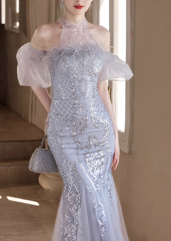 Glamorous Halter Neck Silver Sequin Mermaid Feather Accent Sparkly Tulle Prom Dress DP7537