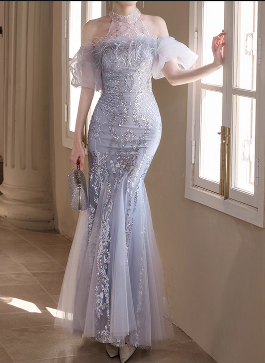 Glamorous Halter Neck Silver Sequin Mermaid Feather Accent Sparkly Tulle Prom Dress DP7537