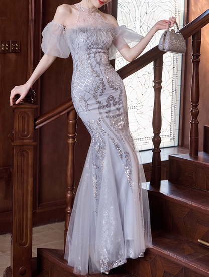 Glamorous Halter Neck Silver Sequin Mermaid Feather Accent Sparkly Tulle Prom Dress DP7537