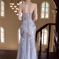 Glamorous Halter Neck Silver Sequin Mermaid Feather Accent Sparkly Tulle Prom Dress DP7537