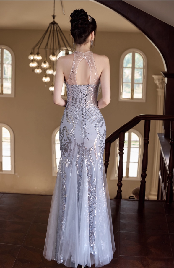 Glamorous Halter Neck Silver Sequin Mermaid Feather Accent Sparkly Tulle Prom Dress DP7537