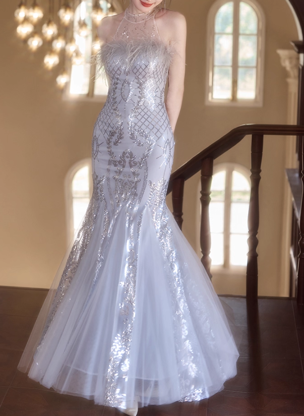 Glamorous Halter Neck Silver Sequin Mermaid Feather Accent Sparkly Tulle Prom Dress DP7537