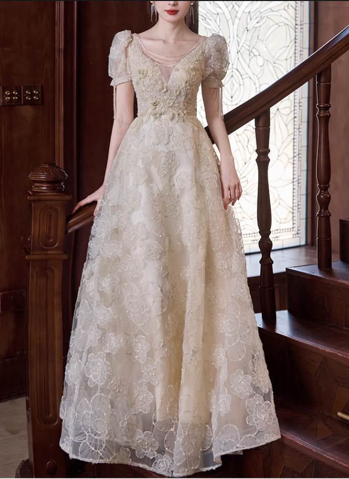 Elegant Floral Lace Applique Evening Gown A-Line Puff Sleeves Tulle Prom Dress DP7538