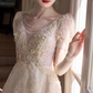Elegant Floral Lace Applique Evening Gown A-Line Puff Sleeves Tulle Prom Dress DP7538