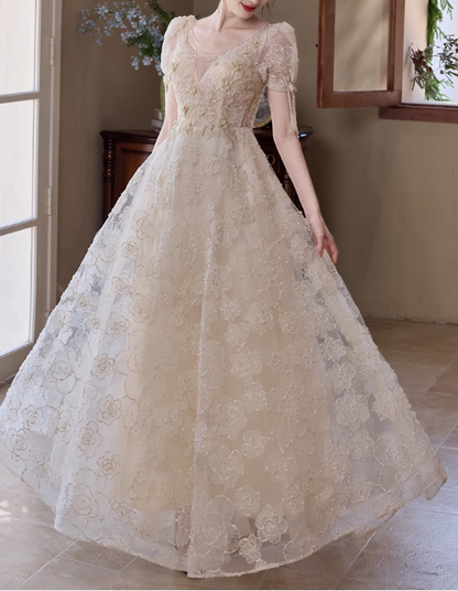 Elegant Floral Lace Applique Evening Gown A-Line Puff Sleeves Tulle Prom Dress DP7538