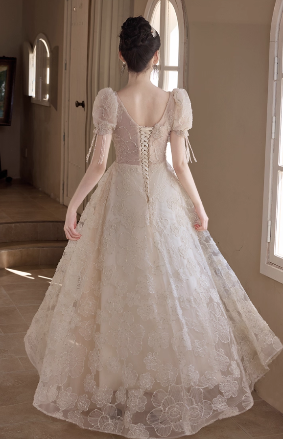 Elegant Floral Lace Applique Evening Gown A-Line Puff Sleeves Tulle Prom Dress DP7538