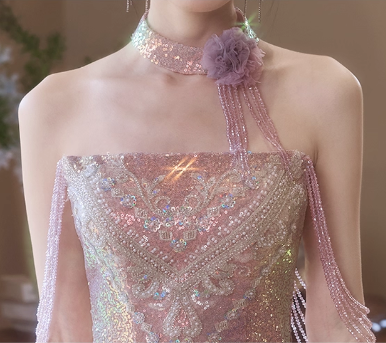 Elegant Lilac Off-Shoulder Sparkly Sequin 3D Rose A-Line Sparkly Formal Prom Dress DP7539