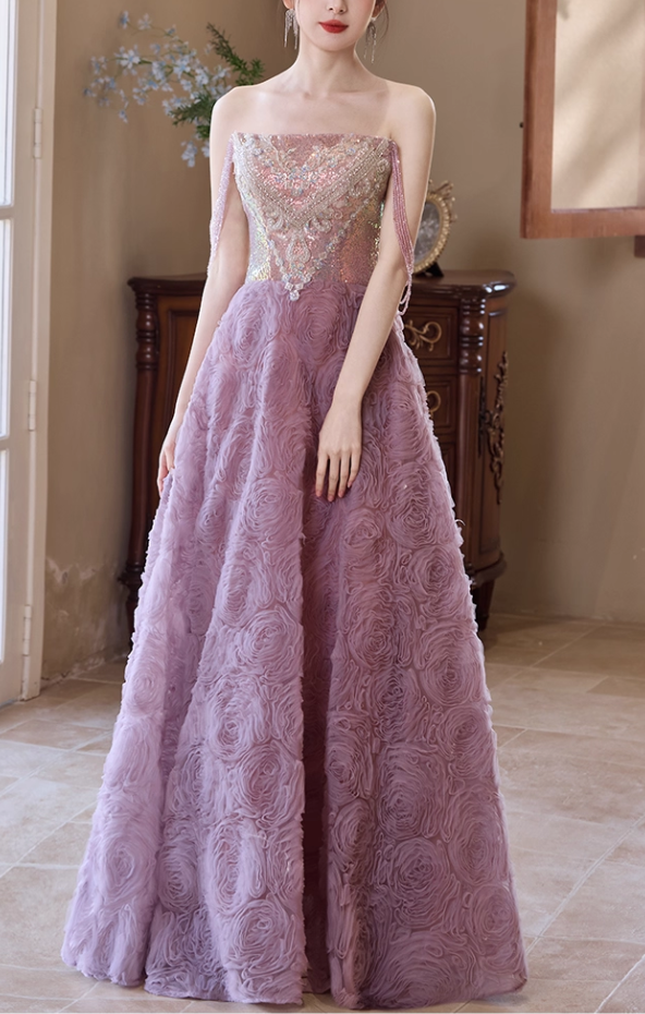 Elegant Lilac Off-Shoulder Sparkly Sequin 3D Rose A-Line Sparkly Formal Prom Dress DP7539