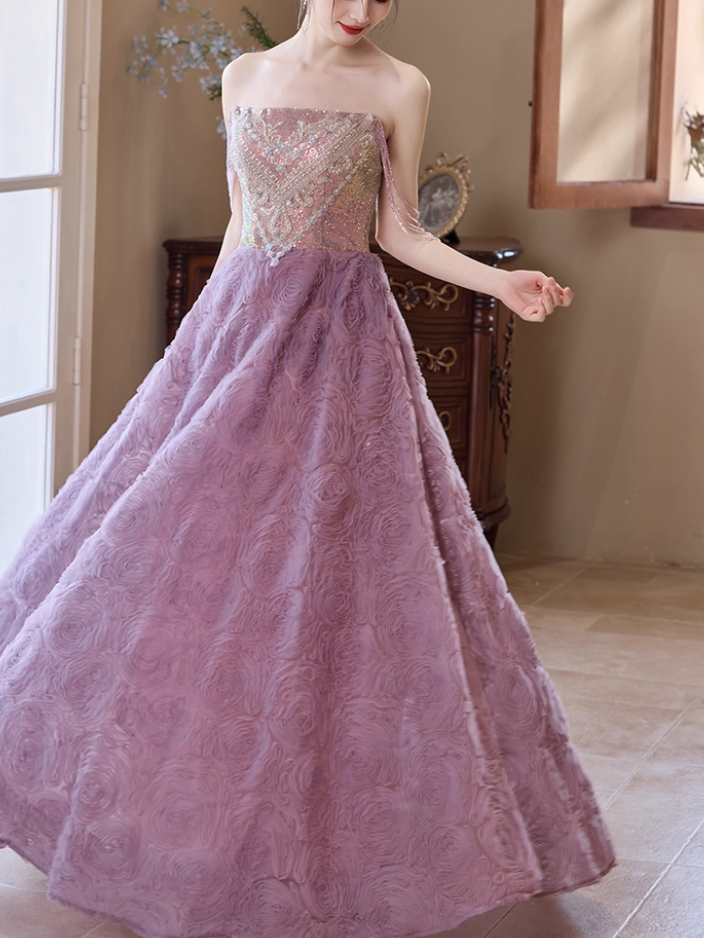 Elegant Lilac Off-Shoulder Sparkly Sequin 3D Rose A-Line Sparkly Formal Prom Dress DP7539