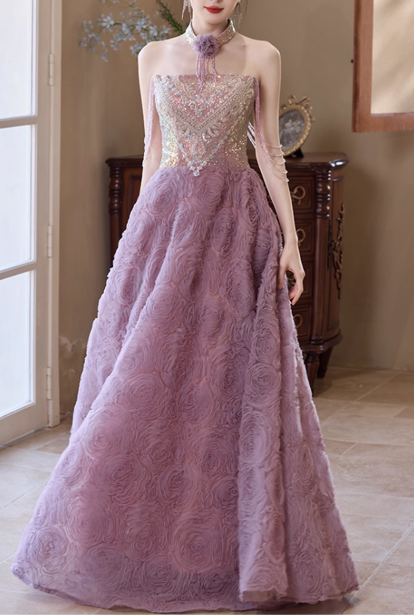 Elegant Lilac Off-Shoulder Sparkly Sequin 3D Rose A-Line Sparkly Formal Prom Dress DP7539