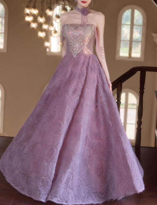 Elegant Lilac Off-Shoulder Sparkly Sequin 3D Rose A-Line Sparkly Formal Prom Dress DP7539