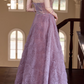 Elegant Lilac Off-Shoulder Sparkly Sequin 3D Rose A-Line Sparkly Formal Prom Dress DP7539