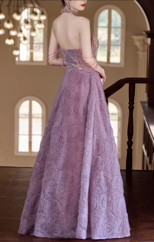 Elegant Lilac Off-Shoulder Sparkly Sequin 3D Rose A-Line Sparkly Formal Prom Dress DP7539