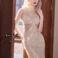Elegantes champagnerfarbenes Pailletten-Etui-Abendkleid mit transparentem Cut-out, funkelndem Schleier und V-Ausschnitt DP7540