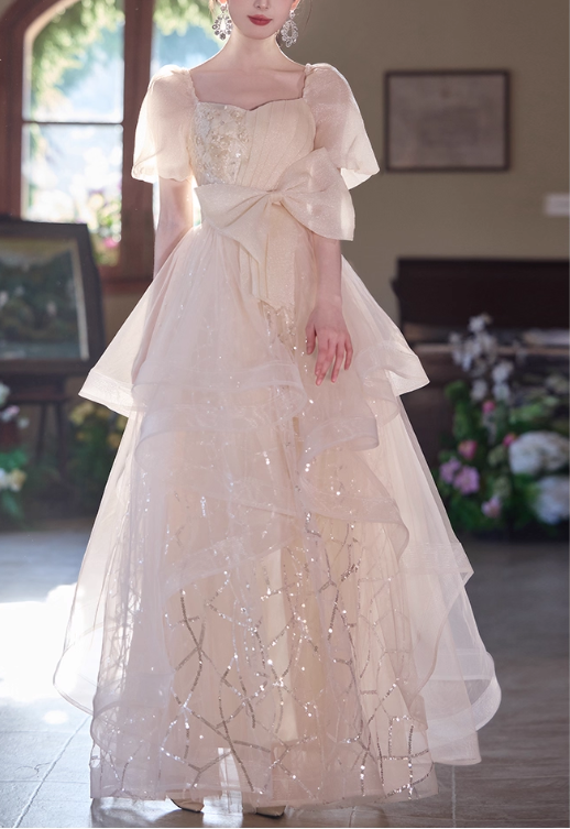 Glamorous Champagne Sequin Tiered Square Neck Puff Sleeves Bow-Accented Formal Prom Dress DP7541