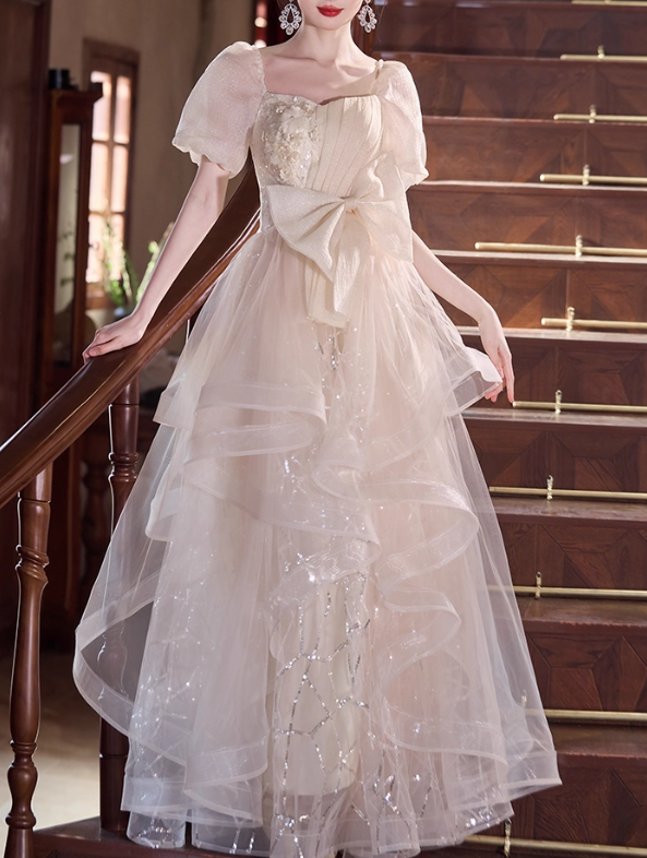 Glamorous Champagne Sequin Tiered Square Neck Puff Sleeves Bow-Accented Formal Prom Dress DP7541