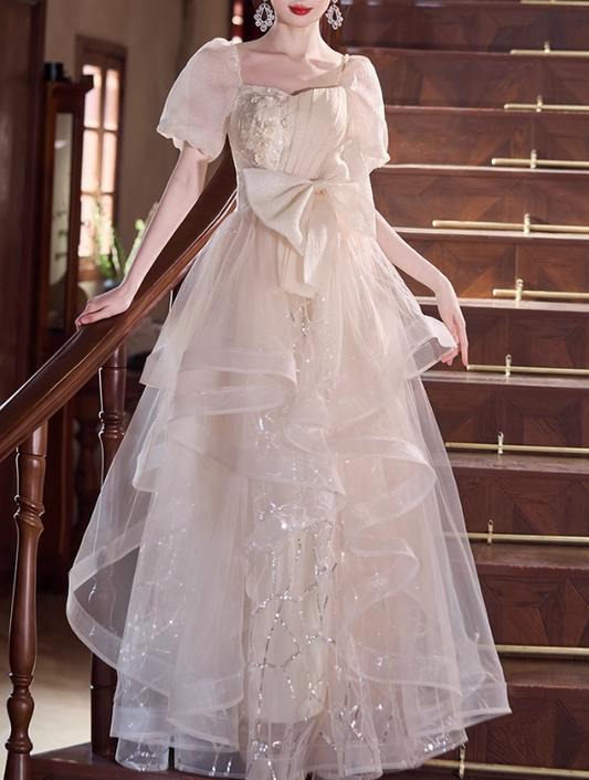 Glamorous Champagne Sequin Tiered Square Neck Puff Sleeves Bow-Accented Formal Prom Dress DP7541