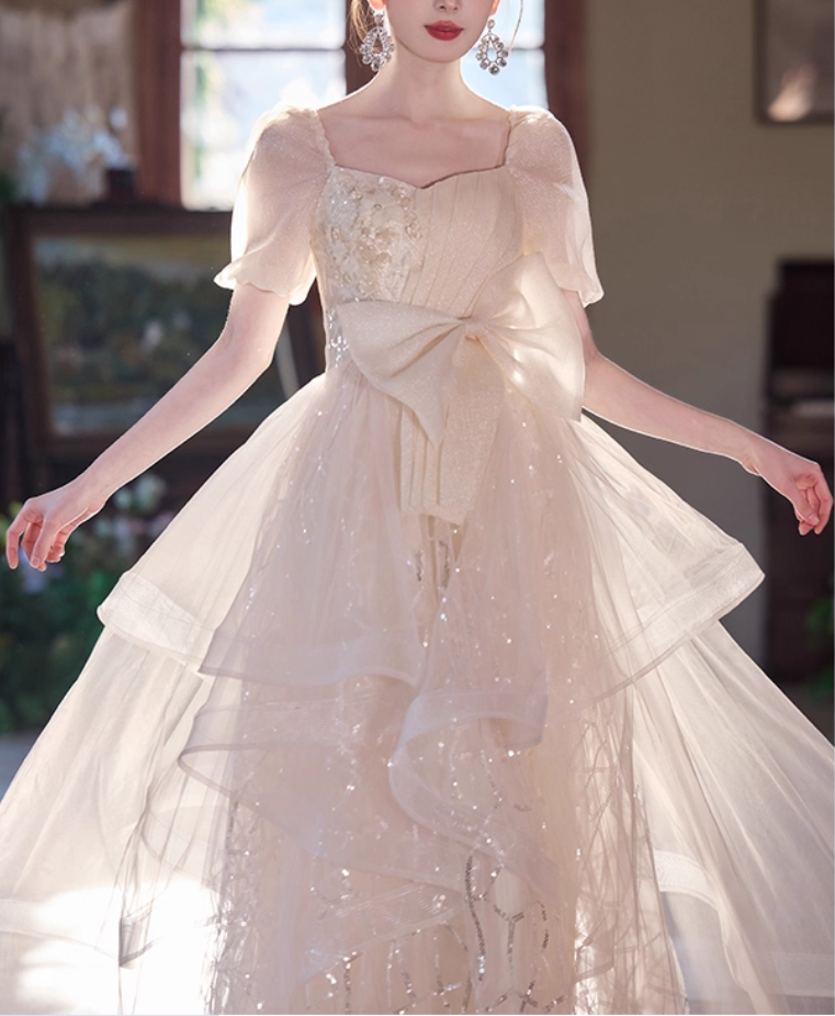 Glamorous Champagne Sequin Tiered Square Neck Puff Sleeves Bow-Accented Formal Prom Dress DP7541