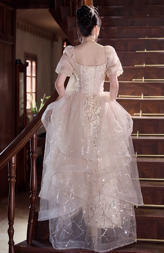Glamorous Champagne Sequin Tiered Square Neck Puff Sleeves Bow-Accented Formal Prom Dress DP7541