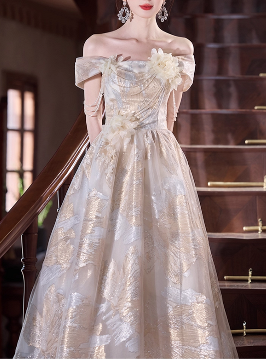 Glamorous Champagne Off-Shoulder 3D Floral Gold Embroidery Sweet 16 Quinceanera Ball Gown DP7543