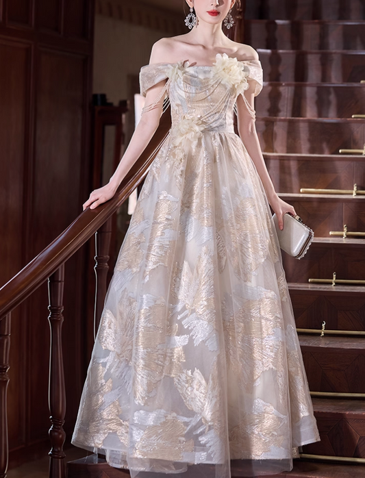 Glamorous Champagne Off-Shoulder 3D Floral Gold Embroidery Sweet 16 Quinceanera Ball Gown DP7543